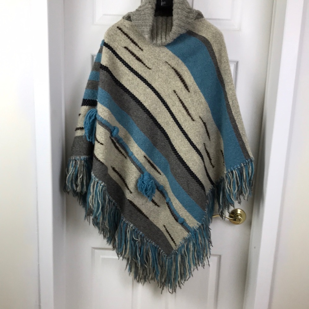 Wool Cozy Striped Fringe Poncho - Blue, Gray & Cream